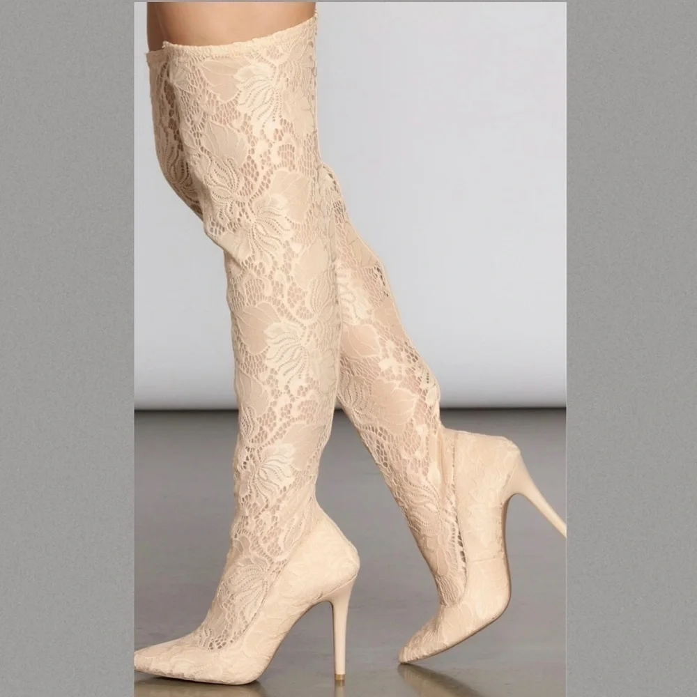 Lace Stiletto Thigh High Boots - Picture 3 of 11